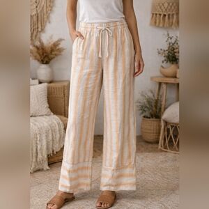 H&M Linen Blend Wide Leg Pants Size M Peach Cream Striped High Rise Summer Boho